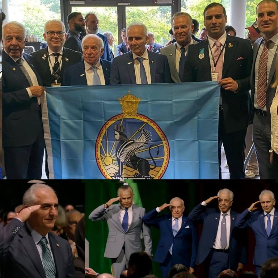Figure 2: Former Iranian Imperial Air Force officers with the SAVAK flag at the Munich National Cooperation Convention, July 2025